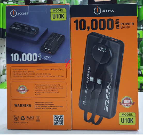 [U10K-ES-CAL] iAccess U10K 22.5W 10000mAh power bank- Provides reliable portable charging power to keep your devices powered throughout the day during travel, work, or emergencies