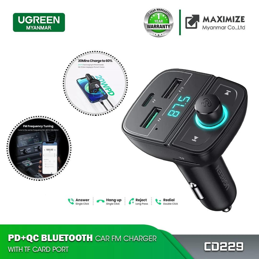 UGREEN CD229 Bluetooth Car Charger with PD, QC3.0, USB & TF Card UG-80910 – 5.0 Bluetooth Car Kit