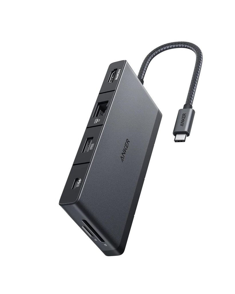 Anker 552 USB-C Hub (9-in-1, 4K HDMI) (A8373H11)-two 5 Gbps USB 3.0 data ports, two 480 Mbps USB-A ports, a 4K HDMI port, a 100W PD-IN port, an Ethernet port, and SD/microSD card slots.