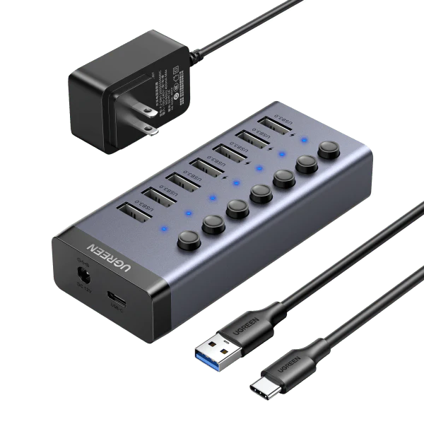 UGREEN CM481 USB-C to 7-Port USB-A 3.0 Hub with 12V DC EU Power Adapter UG-90307 – High-Speed 5Gbps Data Expansion for Laptop & PC