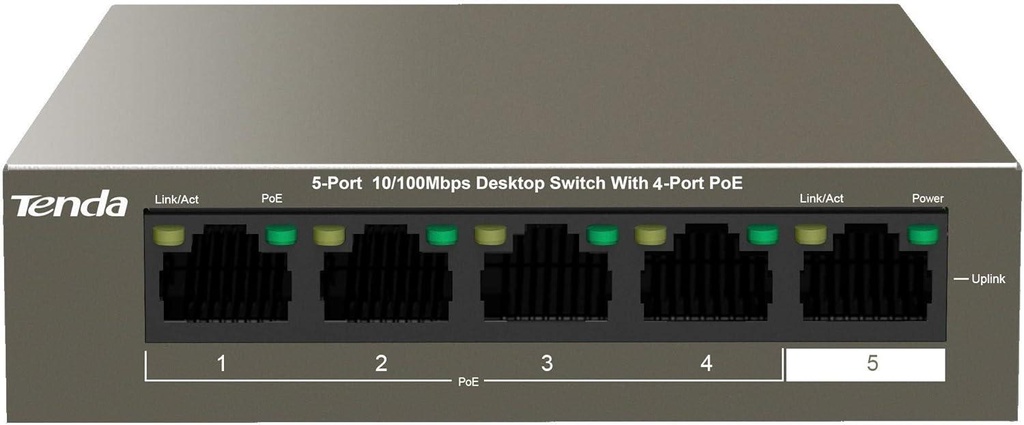 Tenda TEF1105P, 5 Port Fast Ethernet PoE Switch - with 4 PoE+ Ports @58W, Unmanaged PoE Powered Switch, Plug & Play, Desktop & Wall-Mount, Fanless & Sturdy Metal, Limited Lifetime Protection
