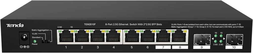 Tenda TEM2010F, 8 Port 2.5G Ethernet Switch - Support NAS 5G Transmission, Unmanaged 2.5G Switch with 8 x 2.5G Ports, 2 x 2.5G SFP Slots, 50Gbps Switching Capacity, Fanless, Limited Lifetime Protection