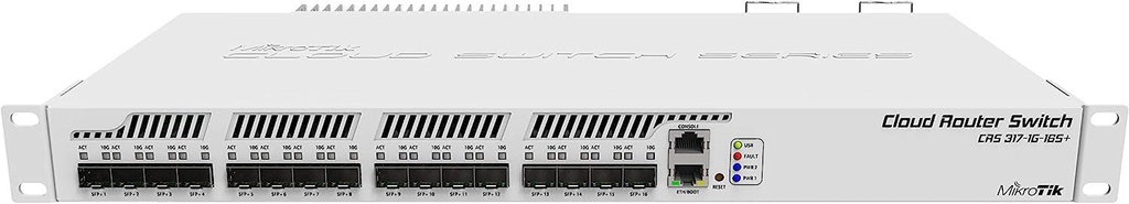 MikroTik CRS317-1G-16S+RM Smart Cloud Router Switch - 1 x Gigabit LAN, 16 x SFP+ cages, Dual Core 800MHz CPU, 1GB RAM, 1U rackmount passive cooling case, Dual Power Supplies