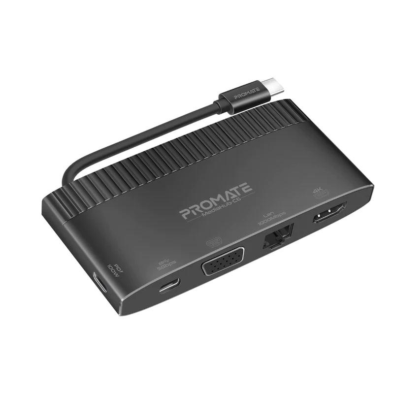 Promate MediaHub-C6 6-in-1 Highly Versatile Super Speed USB-C Media Hub with 100W Power Delivery - 4K HDMI, 1080p VGA, Dual Display Support, 1000Mbps LAN, USB-C & USB-A Data Port