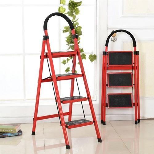 In-House JK-1104AR 4 Step Steel Red Folding Ladder 150kg Capacity – Heavy Duty Industrial Grade A-Type Step Ladder for Home, Office, Maintenance, and Construction Use