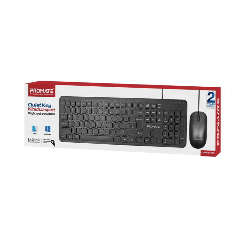Promate Quiet Key Wired Compact KeyBoard & Mouse (COMBO-KM2)