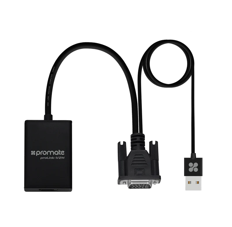 Promate HDMI to VGA Display Adapter (PROLINK-V2H) - 1080p HD Resolution Support, Plug & Play Support, Built-in USB Cable for Audio & Power