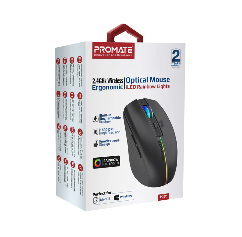 Promate Sleek Wireless Rechargeable Mouse (KITT) - Adjustable 1600 DPI, 500mAh Rechargeable Battery, RGB Lighting