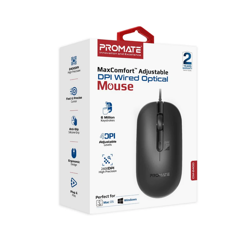 Promate Sleek 4 Button Wired Optical Mouse (CM-2400) - 2400 DPI, MaxComfort Adjustable DPI, 1.5M Cable Length