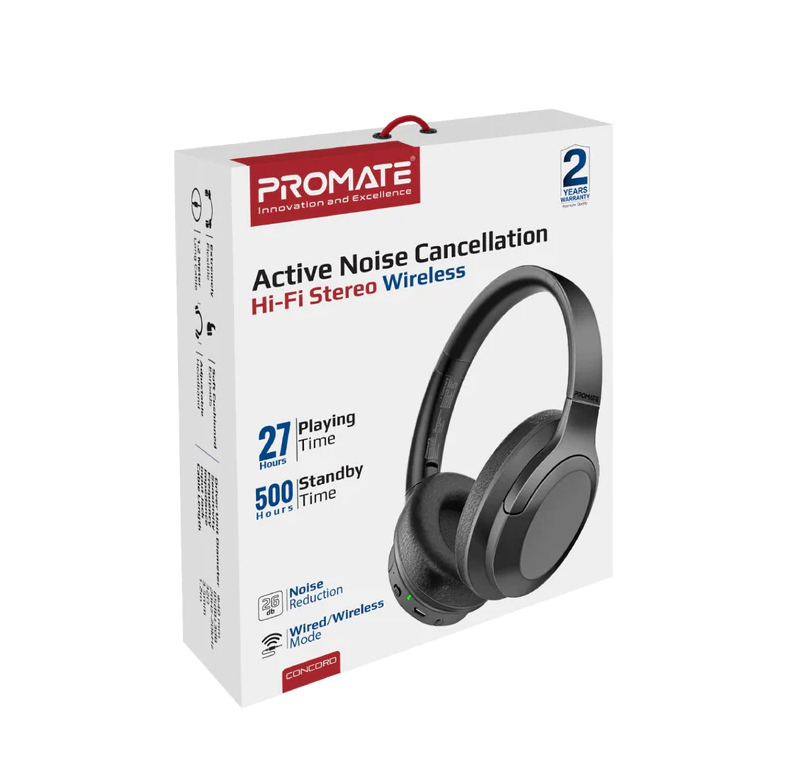 Promate Active Noise Cancelling High-Fidelity Stereo Wireless Bluetooth Headphones (CONCORD) - 27Hr Playtime, 40mm Dynamically Tuned Drivers