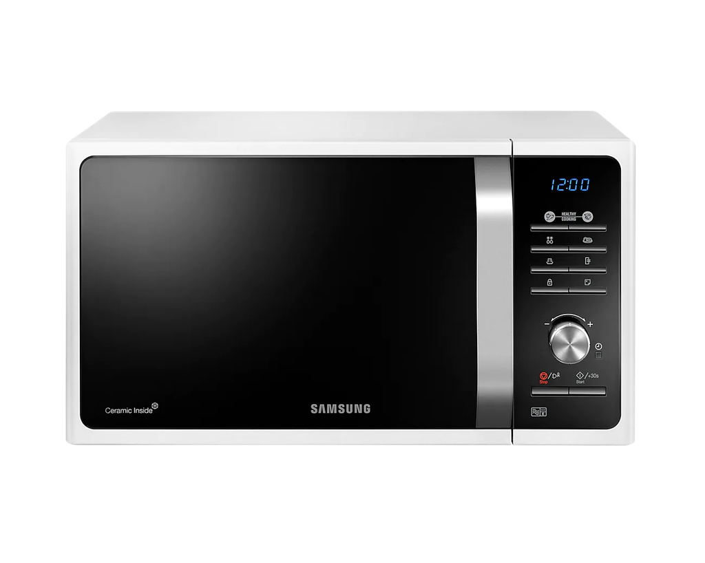 Samsung MS23F301TAW 23L Microwave Oven - smooth ceramic interior, a black glass front , a crystal blue display and detailed silver dial
