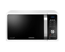 Samsung MS23F301TAW 23L Microwave Oven - smooth ceramic interior, a black glass front , a crystal blue display and detailed silver dial