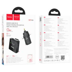 Hoco S31 stream wireless microphone with 3-in-1 Receiver  for Lightning - Wireless connection, 50 meters Transmission rang,  microphone 400mAh, receiver 320mAh.