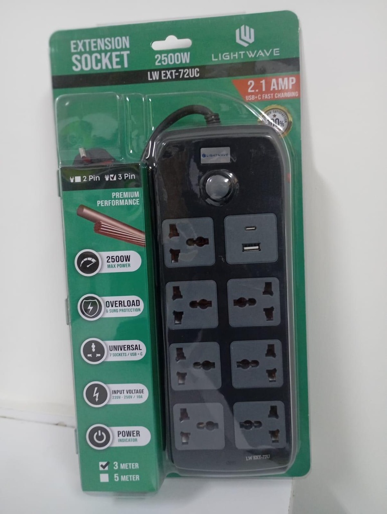 Lightwave LW EXT-72U 3 Meter 7-Way Extension Socket – Heavy Duty Power Strip for Home, Office, and Professional Electrical Applications