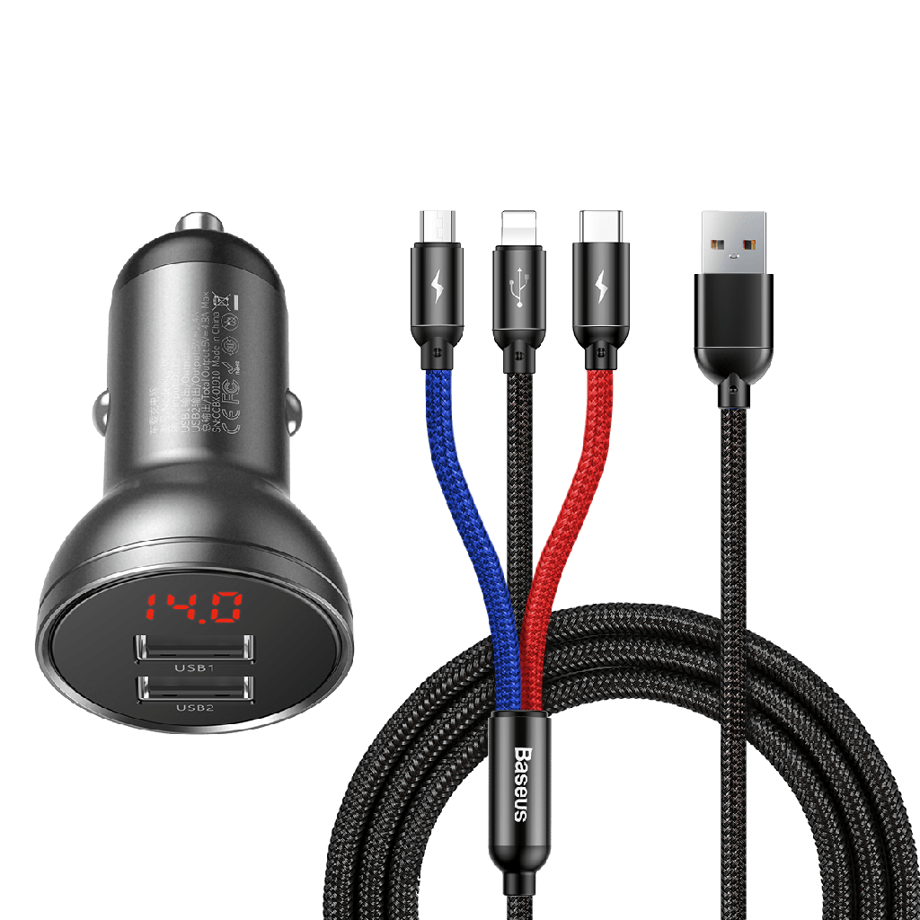 Baseus 3 in 1 Car Charger Suit - Digital Display Dual USB, Cable USB 1.2M