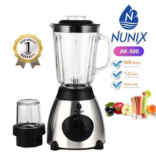 Nunix AK-500 Powerful 2 In 1 Blender - With Glass Jar ,1.5L, Overheat Protection, Grinder, 500W