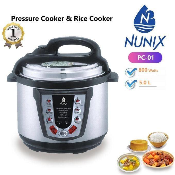 Nunix PC-01 Electric Pressure Cooker & Rice Cooker -  5L, Aluminium Interior and Stainless Steel Exterior