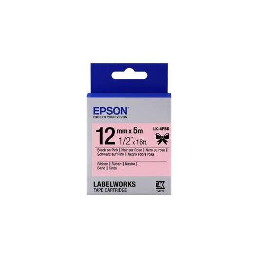 Epson LK-4PBK Satin Ribbon Label Tape Cartridge (C53S654031) -  Black on Pink, Dimensions:12mm x 5m, Compatible Printers: LW-1000P, LW-300, LW-400, , LW-600P, LW-700, LW-900P, Z700FK