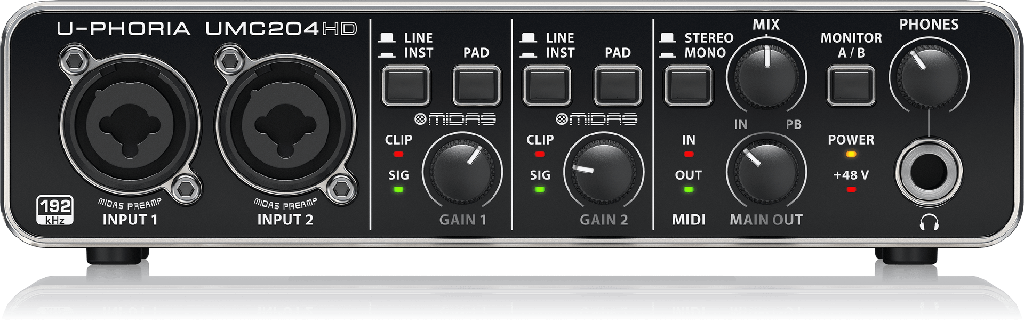 Behringer U-PHORIA UMC204HD audio interface Recorder - 2 inputs ,4 outputs, USB