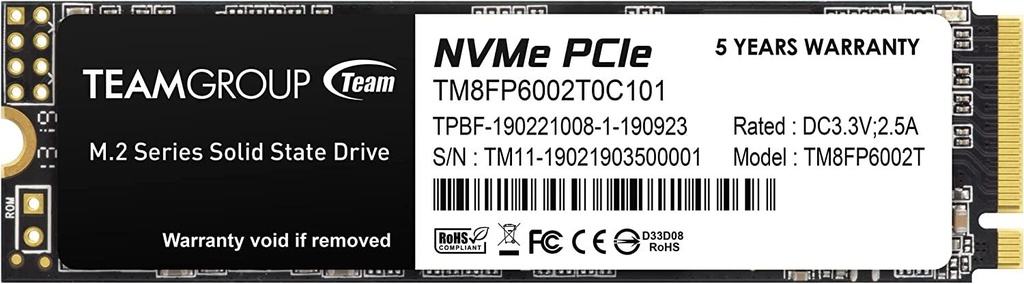 Team Group MP33SLC  M.2 2280 PCIe Gen3x4 NVMe 1.3 Internal SSD(TM8FP6002T0C101) -   2TB Cache 3D NAND TLC, Read/Write Speed up to 1,800-1,500 MB/s