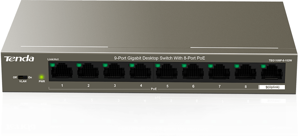 TENDA TEG1109P-8-102W 9-Port Gigabit Desktop Switch with 8-Port PoE