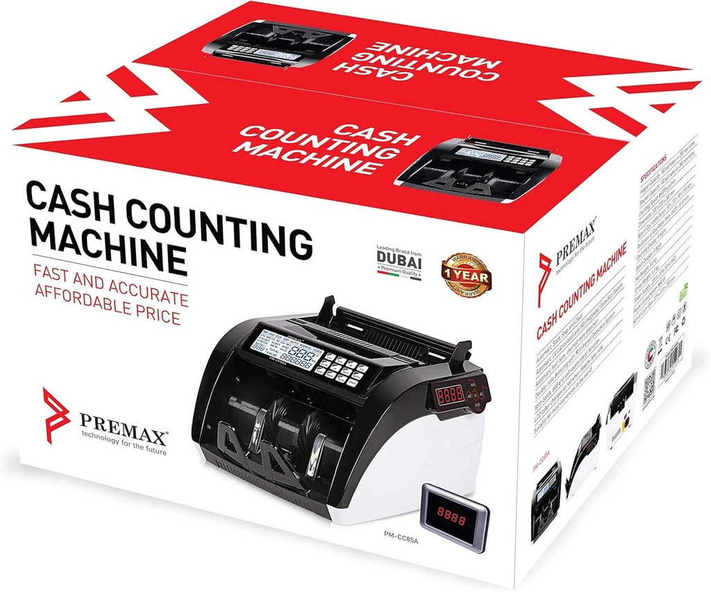PREMAX CC85A Money Counter – High-Speed Bill Counter with UV/MG/IR Detection, Dual LCD Displays