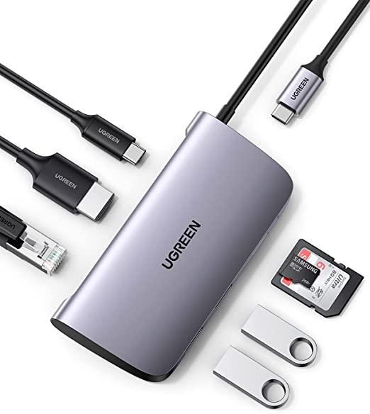 UGREEN  USB-C Multifunction Adapter 7 in 1 (CM121) - USB-C to 3*USB 3.0 + HDMI + RJ45 + SD/TF Converter (Gray)