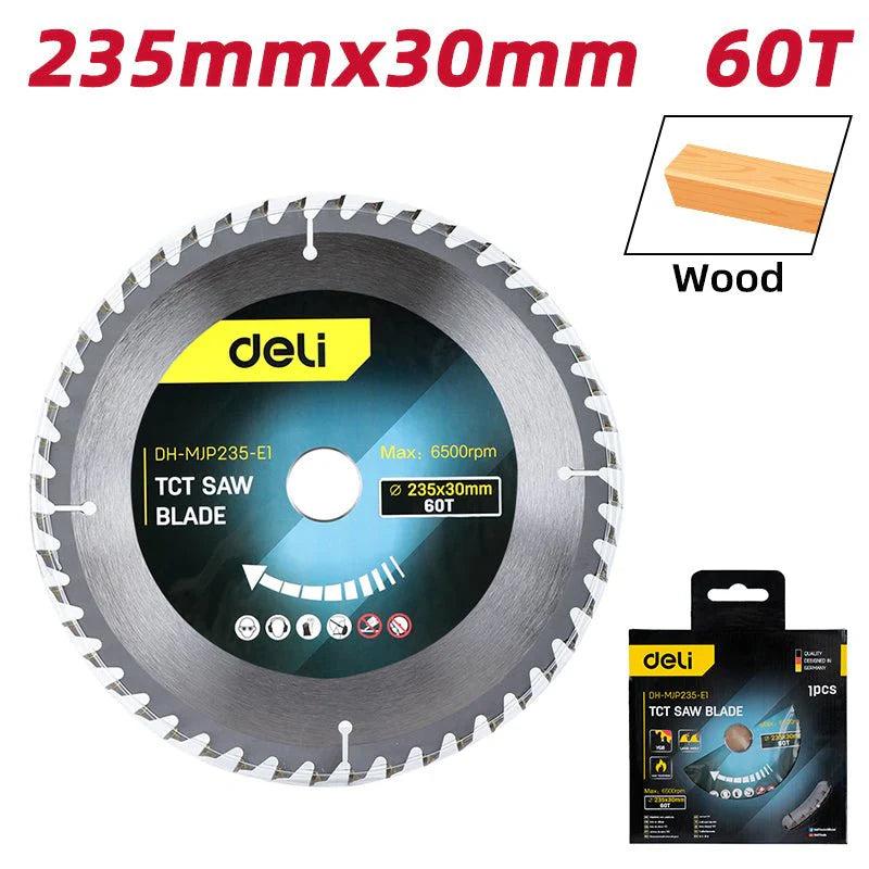 Deli EDH-MJP235-E1 235mm x 30mm 60T 30mm Arbor Reduction Ring 16mm 25.4mm TCT Saw Blade – Heavy Duty Professional Cutting Blade for Woodworking, Construction, and Industrial Applications