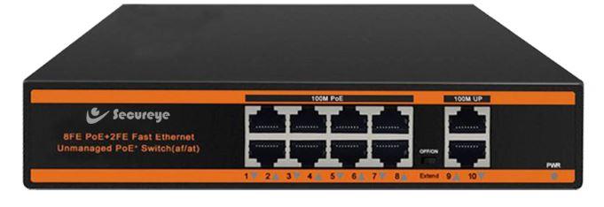 Secureye 8-Port Fast Ethernet PoE Switch + 2FE Uplink – High-Performance Network Switch (S-8FE-2UE-LD-AI-VLAN)