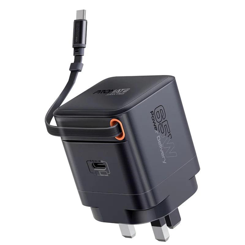 Promate CUBIX‑R65 65W PD USB‑C Charger with Retractable USB‑C Cable – High‑Speed Compact Power Delivery Charger for Laptops, Smartphones, Tablets, and Professional Devices