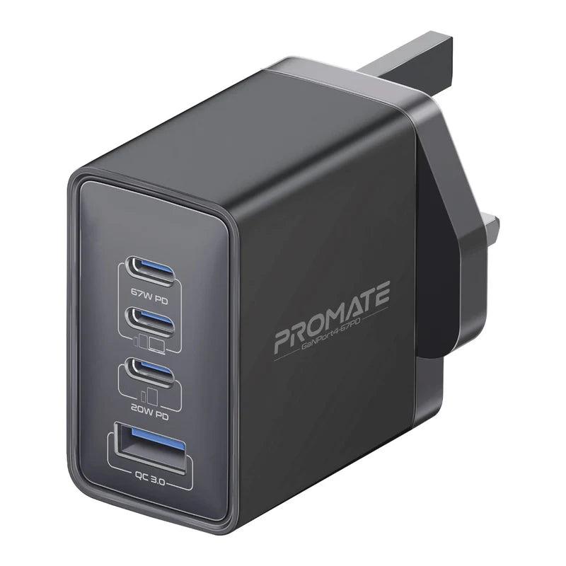 Promate GANPORT4-67PD 67W PD Power Delivery Charger – High‑Speed Compact USB‑C Charger for Laptops, Smartphones, Tablets, and Professional Devices
