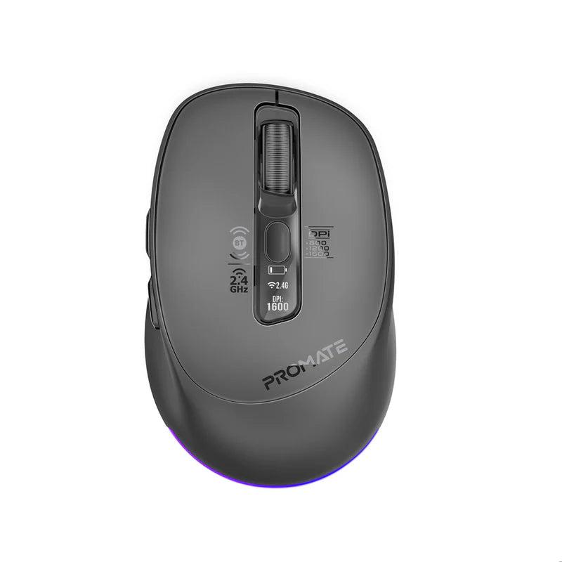 Promate Blix-3M Triple Mode Rechargeable Wireless Mouse – Bluetooth & 2.4GHz Silent Click High Precision Ergonomic Optical Mouse for Office, Home, Laptop, and Professional Use