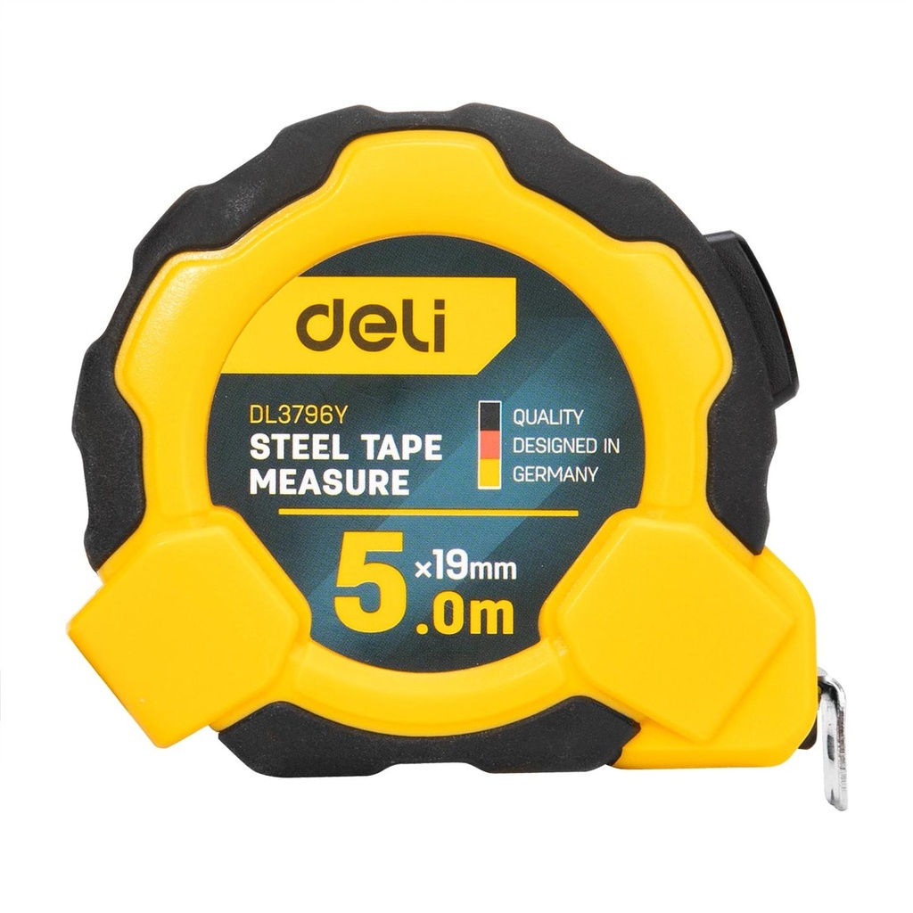 Deli EDL3796Y 5m x 19mm Steel Measuring Tape – Heavy Duty Professional One-Button Tape with Metric and Inch Markings for Workshop, Construction, and Industrial Applications