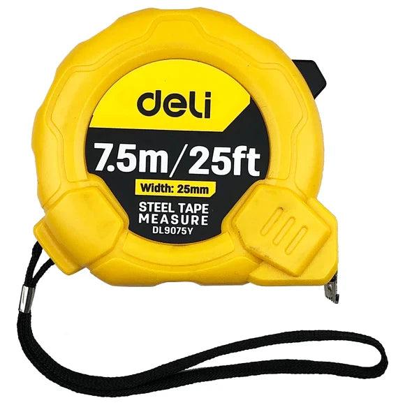 Deli EDL9075Y 7.5m x 25mm Steel Measuring Tape – Heavy Duty Professional One-Button Tape with Metric and Inch Markings for Workshop, Construction, and Industrial Applications