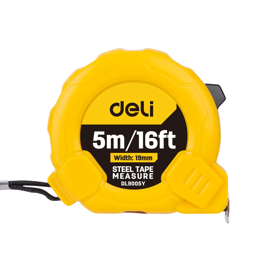 Deli EDL9005Y 5m x 16mm Steel Measuring Tape – Heavy Duty Professional One-Button Tape with Metric and Inch Markings for Workshop, Construction, and Industrial Applications