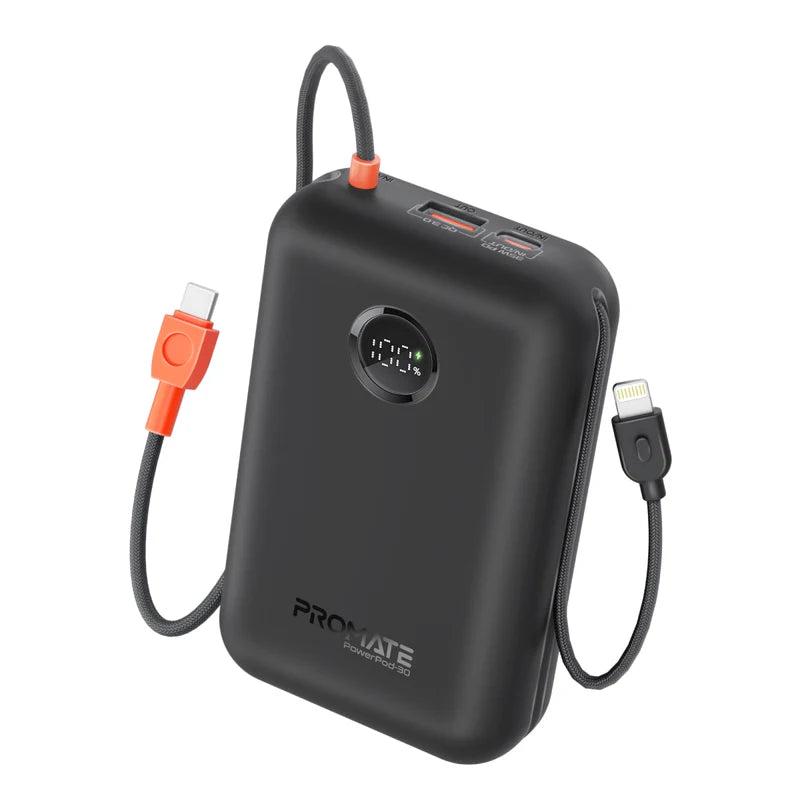 [PowerPod-30-RM-OM] Promate PowerPod-30 30000mAh Compact Power Bank with Built-In USB-C & Lightning Cable – High Capacity Fast Charging Portable Power Solution for Smartphones, Tablets, Travel, and Professional Use