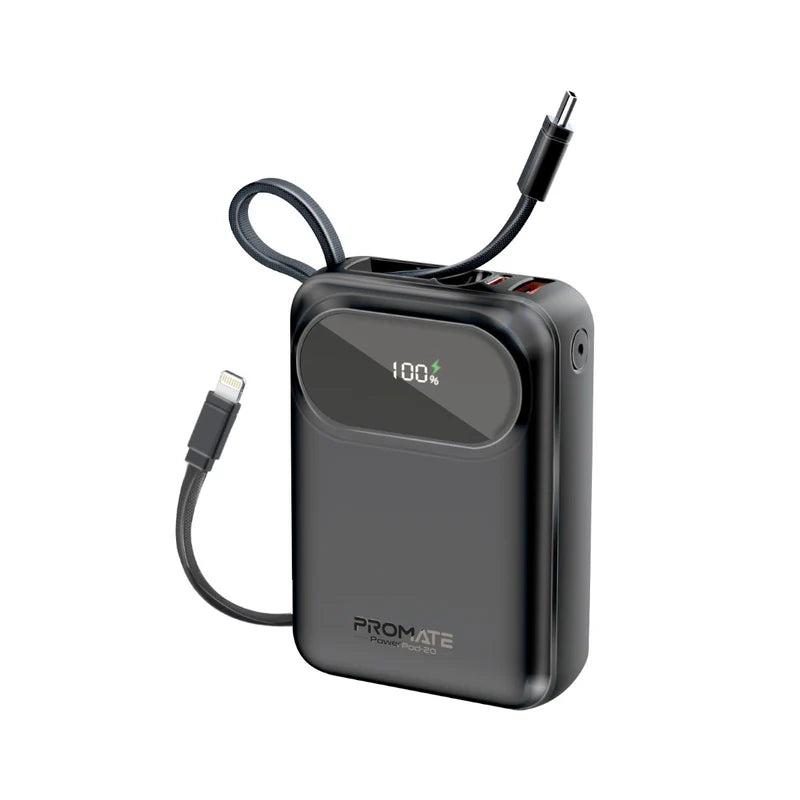 [PowerPod-20-RM-OM] Promate PowerPod-20 20000mAh 35W Ultra-Compact SuperSpeed Power Bank with Built-In USB-C & Lightning Cable – High Capacity Fast Charging Portable Power Solution for iPhone, Android, Travel, and Professional Use