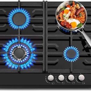 Ramtons EB/621 4G Glass Hob C Iron E41-450 – 4-Burner Built-In Gas Cooktop with Tempered Glass Surface, Cast Iron Grates and Precision Flame Control for Modern Kitchens