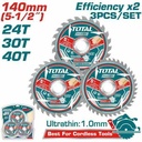 Total TAC236140 140mm 3pcs Ultra-Thin TCT Saw Blade Set – Precision Cutting Tool for Wood, Metal & Plastic