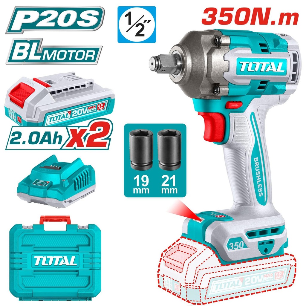 Total TIWLI2035 20V Cordless Impact Wrench 1/2″ Drive 350Nm – Heavy Duty Brushless Power Tool for Automotive & Mechanical Use