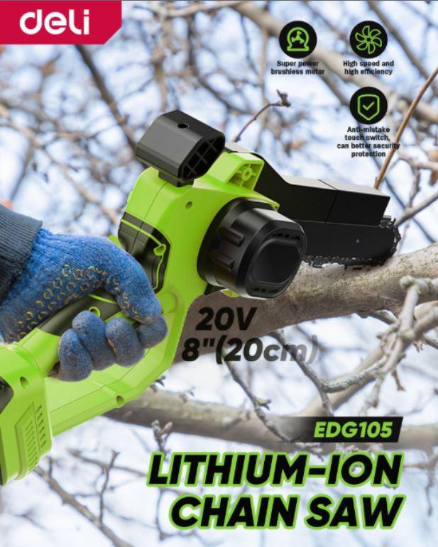 Deli EDG105 20V Electric Cordless Chain Saw – Battery Powered Chainsaw for Tree Pruning, Branch Cutting & Garden Work