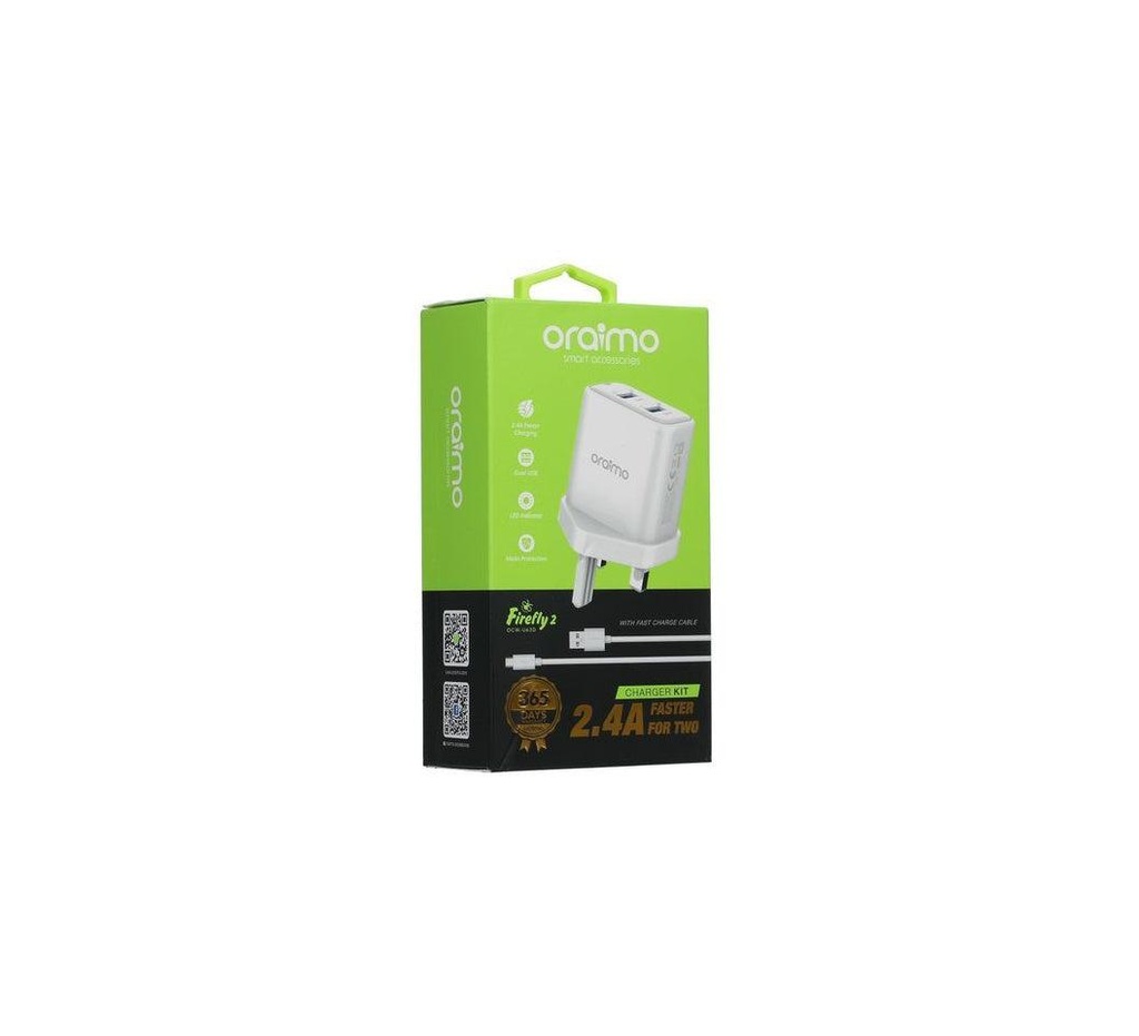 [OCW-U63D-JB-AL] Oraimo OCW-U63D Dual USB Charger – Fast Charging Wall Adapter with Dual Ports for Smartphones & Tablets