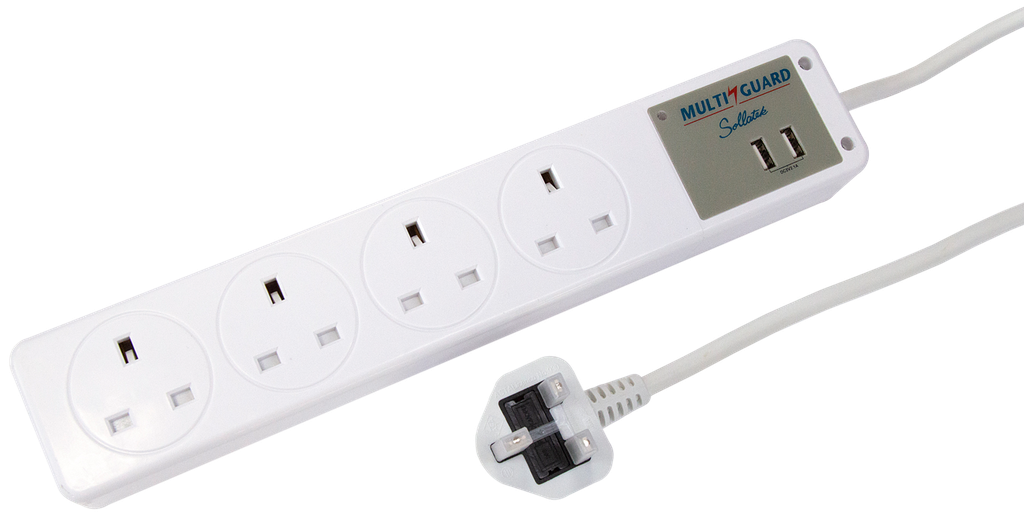Voltsafe Multiguard MGX-4UB, Sollatek power strip with 4 UK sockets and 2 USB fast charging 2.1A