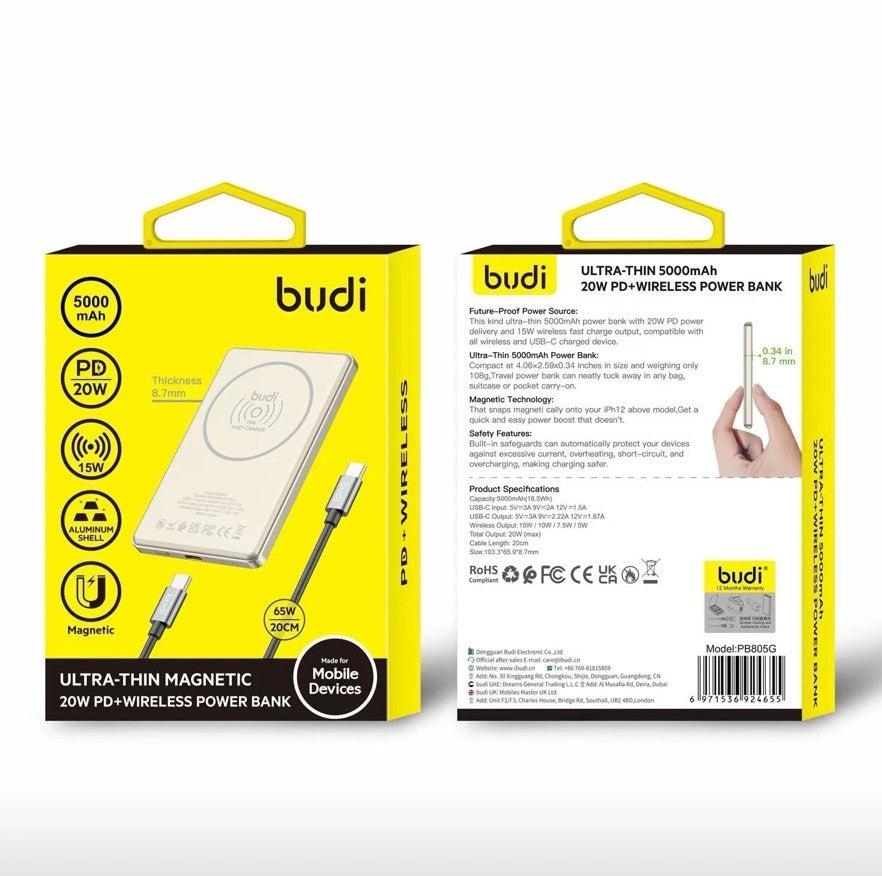 Budi PB805G 5000mAh Ultra Thin Magnetic Power Bank – Slim Magnetic Wireless Ready Portable Charger with Fast Charging for iPhone, Android and Magnetic-Compatible Devices