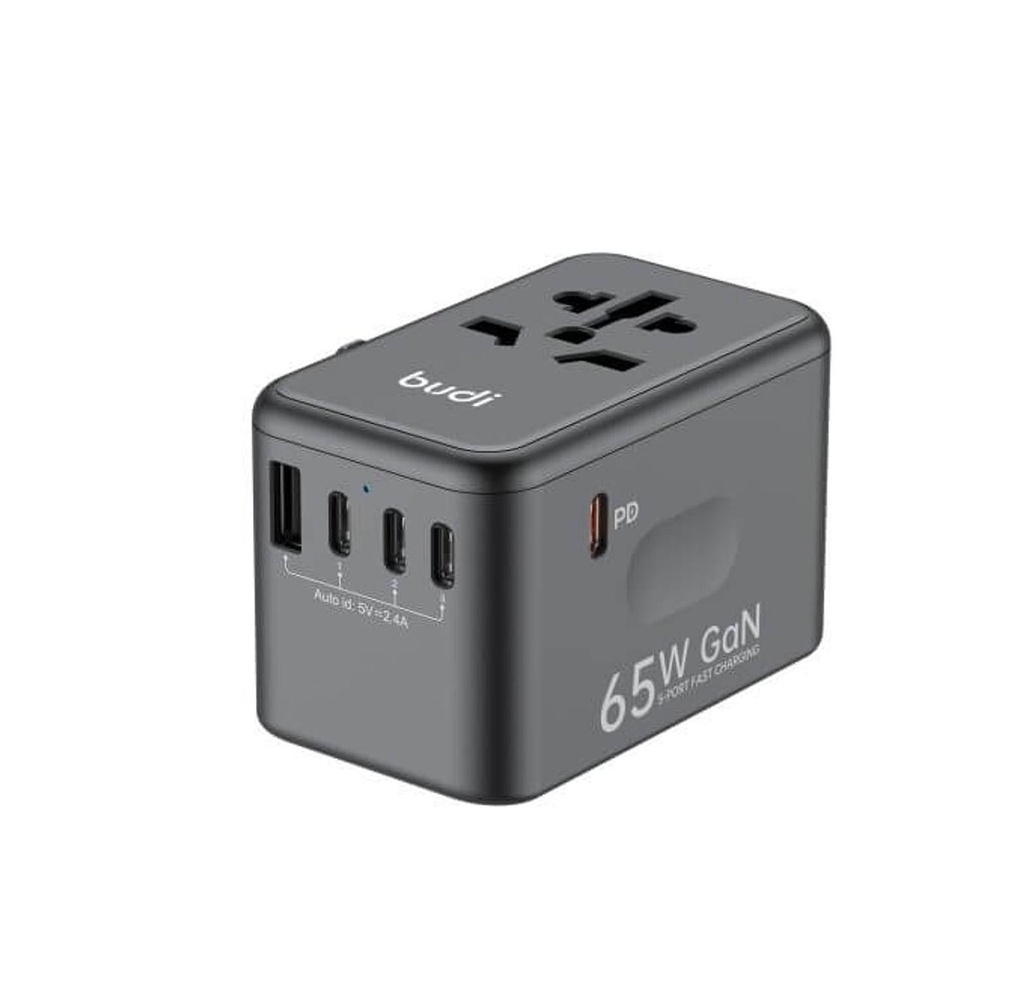 Budi AC355B65 65W Global Travel Charger – Universal Fast Charging Adapter with Multi Port Output and International Plug Compatibility for Worldwide Travel Use