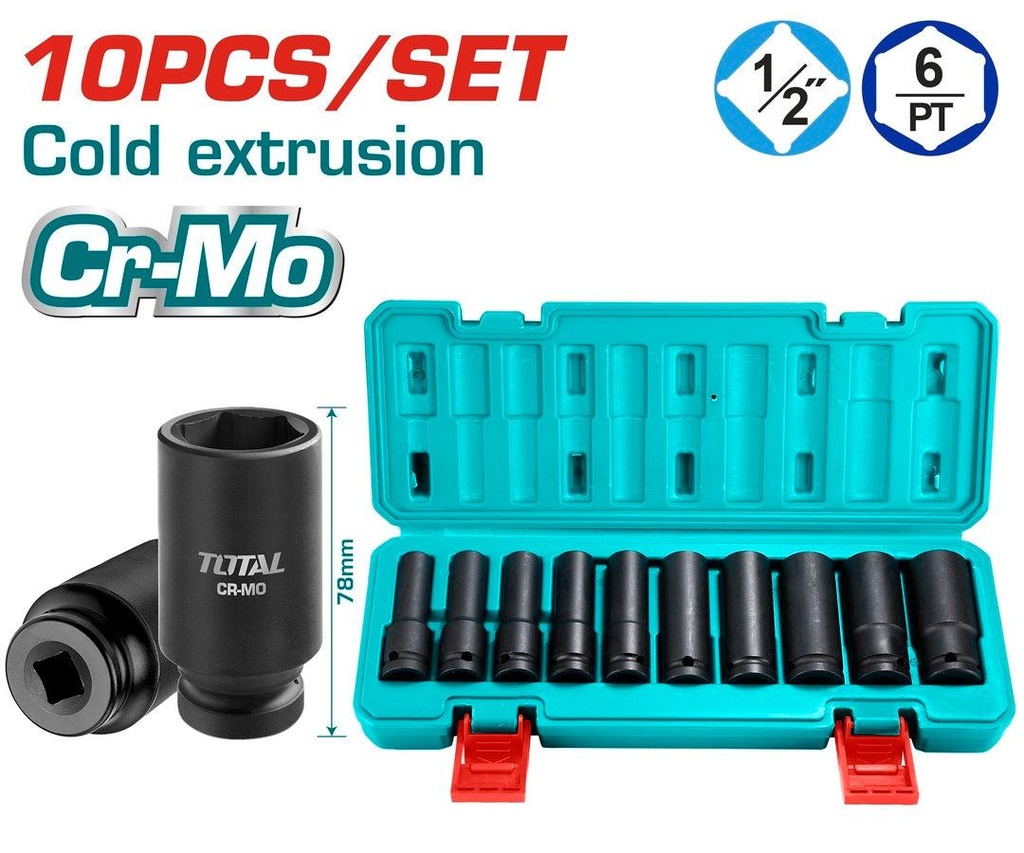Total THKISD12102L 10-Piece 1/2" Deep Impact Socket Set – Durable Hand Tools for Home, Garage & Workshop Use