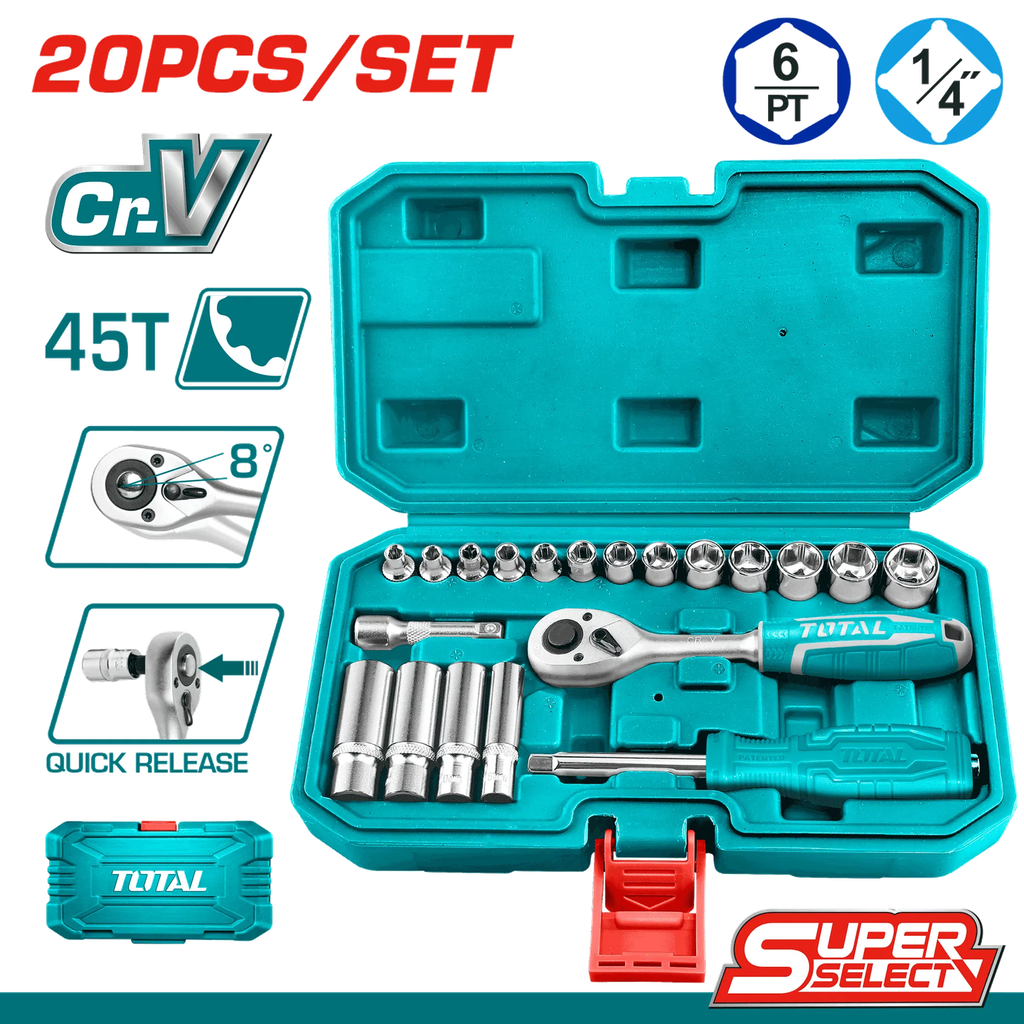 Total THT141201 20-Piece 1/4" Socket Set – Durable Chrome Vanadium Sockets for Home & Auto Repair
