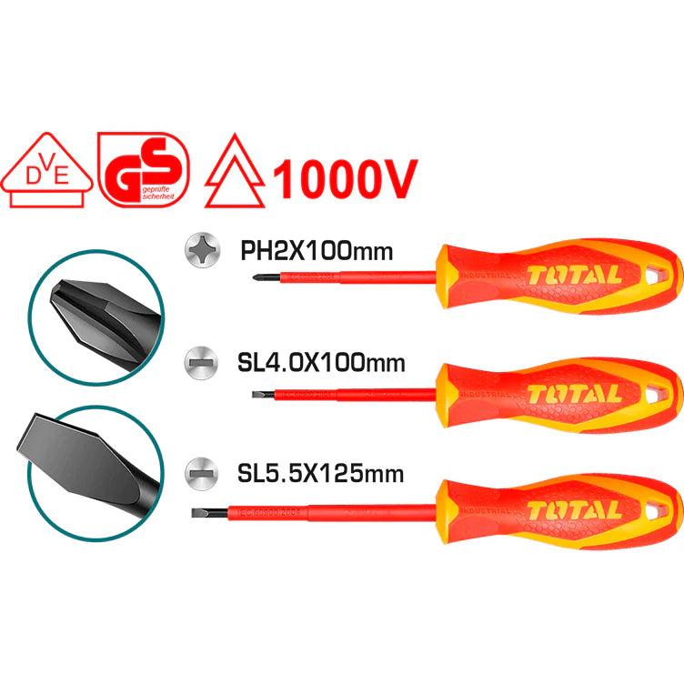 Total THTIS036 1000V VDE 3-Piece Insulated Screwdriver Set – Magnetic Tips, Heat-Resistant, High-Quality Electrician Tools,Anti-Slip Grip