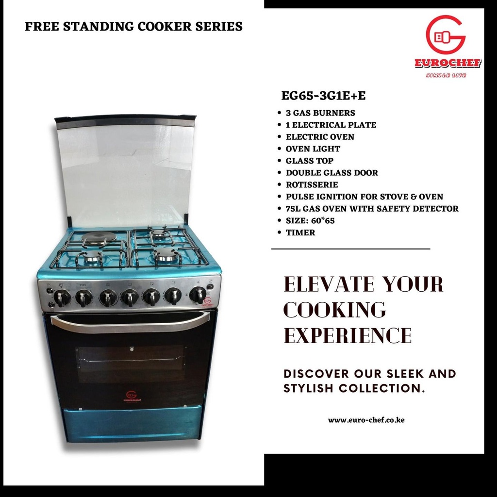Eurochef EG65-3G1E+E 65L Free-Standing Glass Top Cooker – Electric Oven with Rotisserie, Multi-Function Cooking, and Stylish Kitchen Appliance