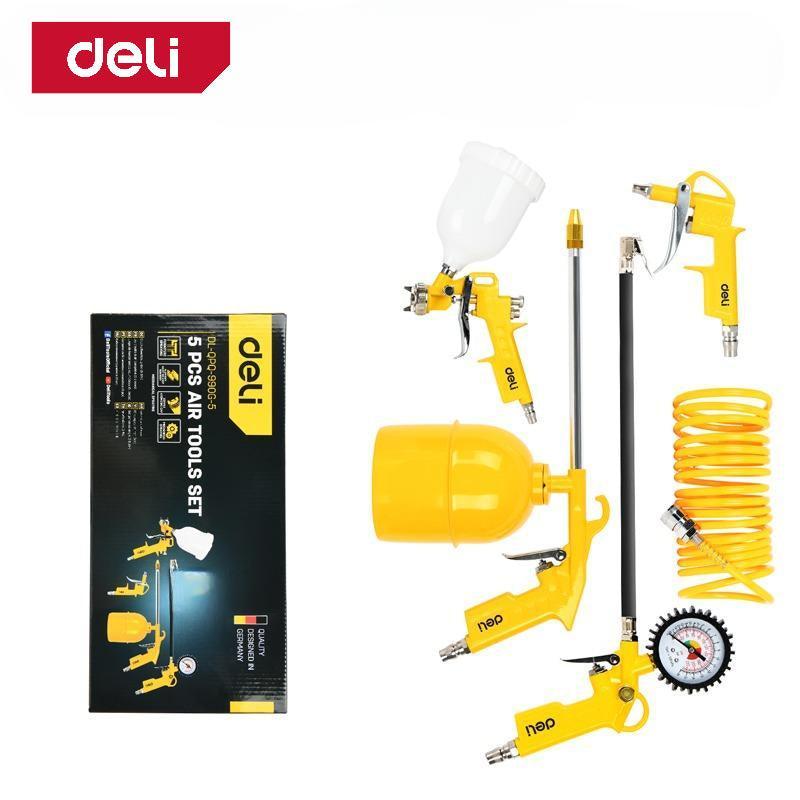 Deli EDL-QPQ-990G-5 5PCS Air Tools Set – Heavy Duty Professional Pneumatic Tool Kit with Air Blow Gun, Recoil Hose, and Nitto Connector for Workshop, Automotive, and Industrial Applications